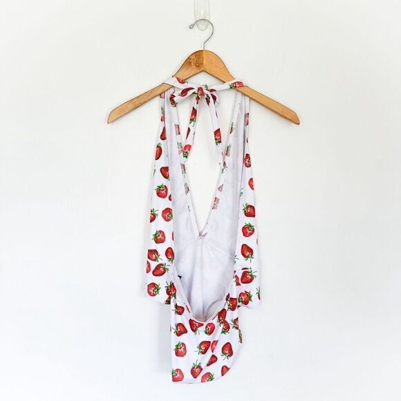 Blackmilk RARE SAMPLE All Over Strawberry Print Halter Tie Neck One-piece Swimsu - Picture 2 of 10